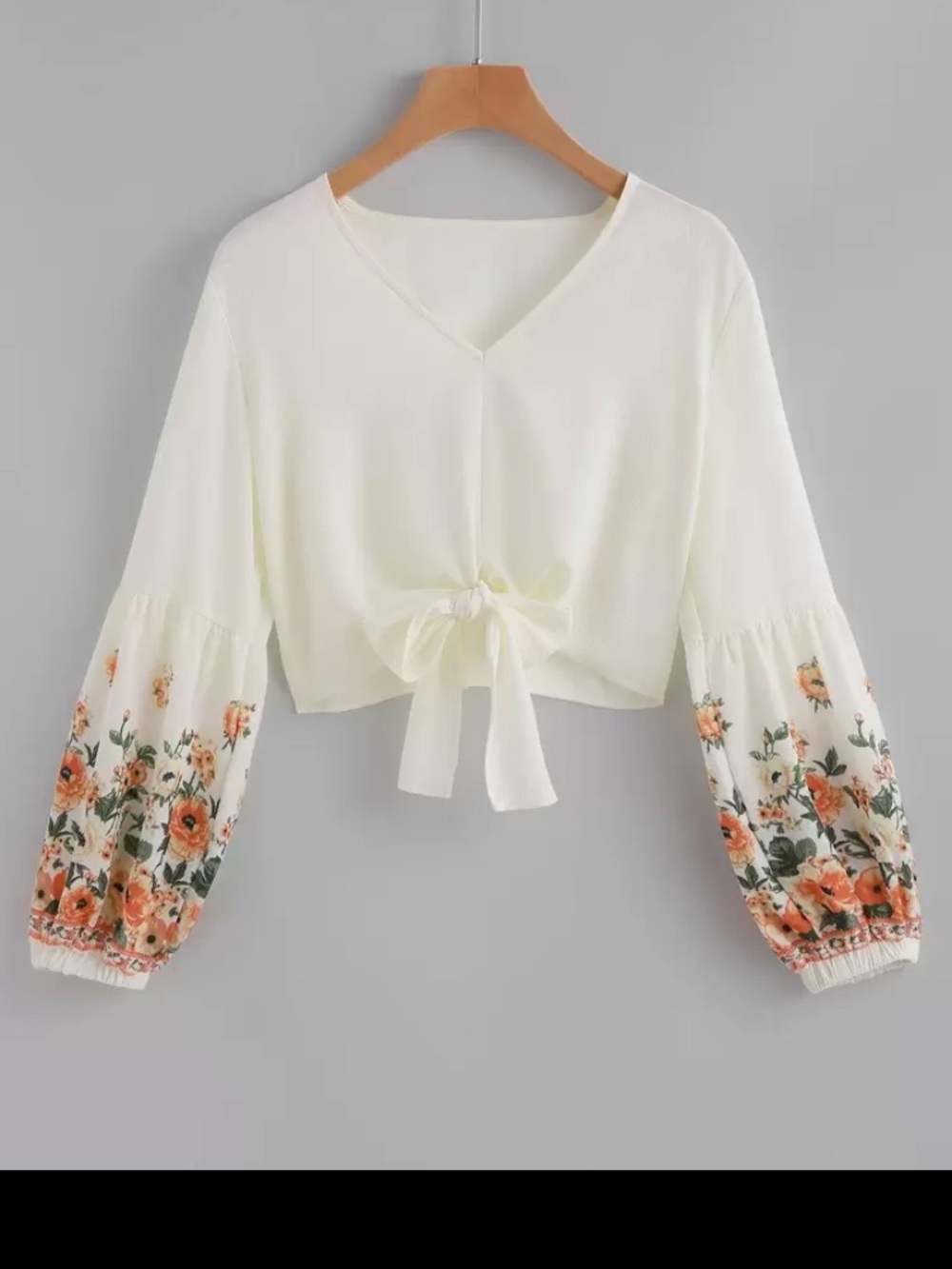 Floral Tie-Front Wide Bell Sleeve Blouse Sheer Top